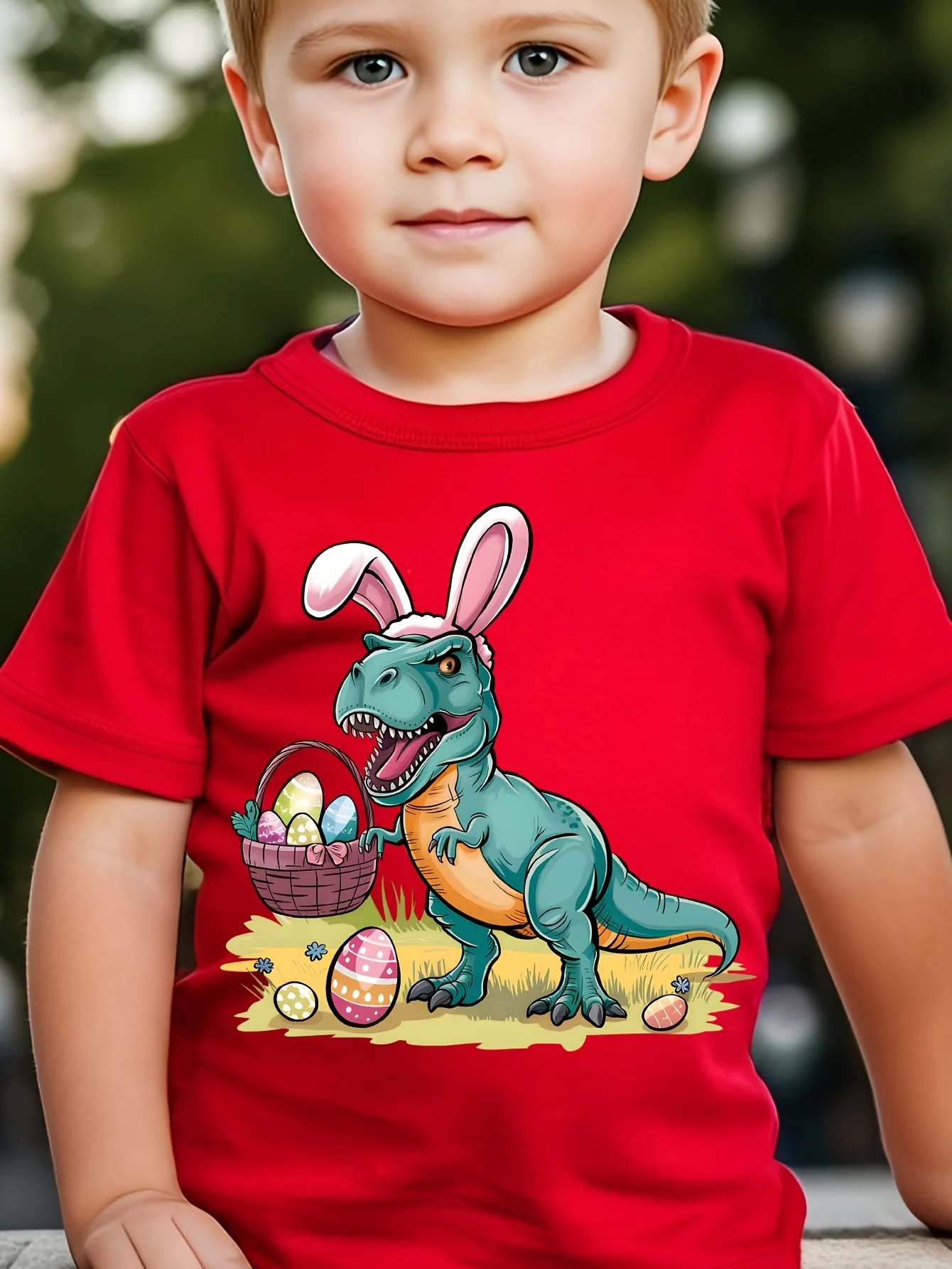 Easter Children's Chair with Rabbit Ears Dinosaur Trend Fashion Creativity Summer Round Neck T-shirt Casual Parent Child Top