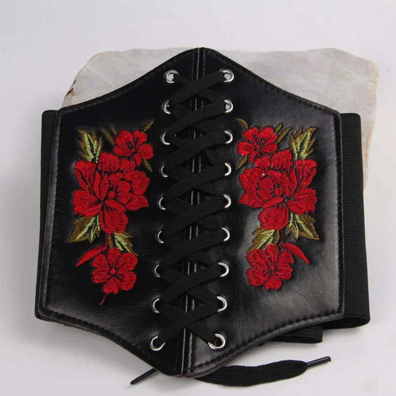 Useful Flower Belt Women Wide Lace Up Waistband Corset PU Leather Waist Slim Shaped Tied Belts