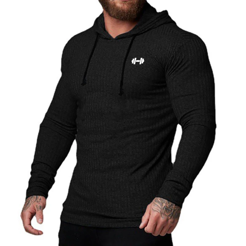 Men\'s Casual Long Sleeve Slim Fit Shirt Gym Sport Fitness Quick Dry Hooded T-Shirt Fashion Knitted Stripes Bodybuilding Clothing