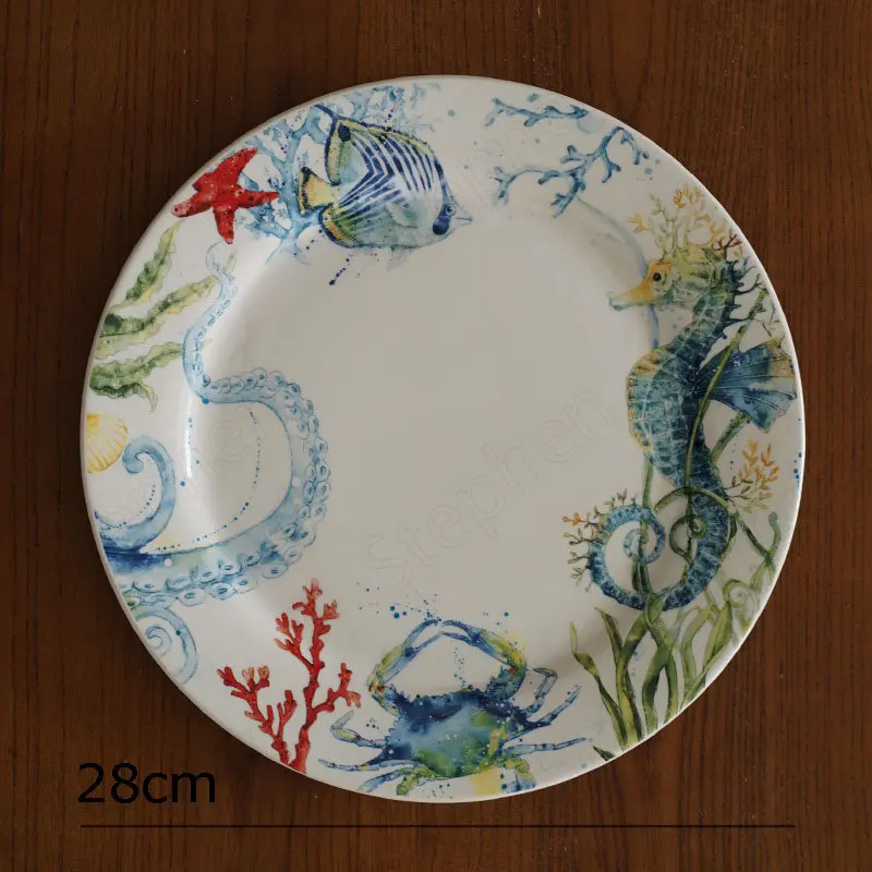 Creative Underglaze Color Squid Ceramic Plate European Modern Marine Animal Steak Pasta Plates Coral Octopus Cake Dessert Dishes