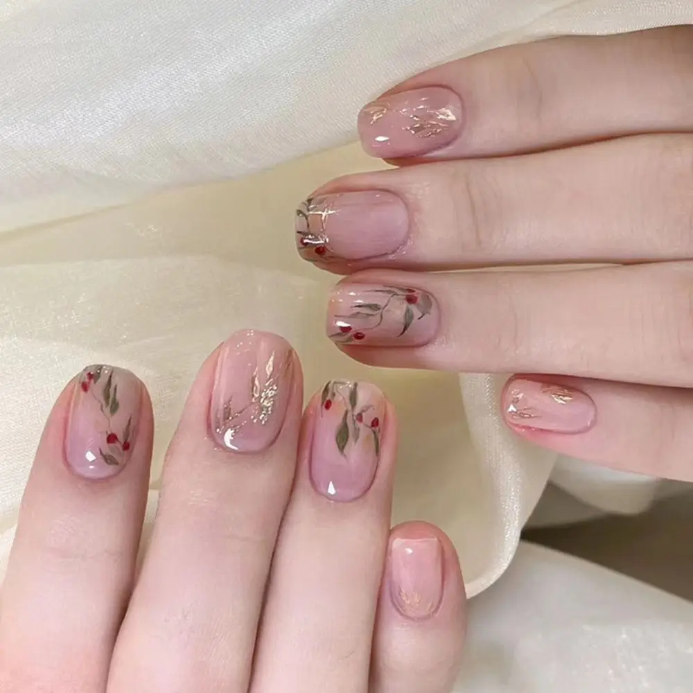 Fashion Long Ballerina False Nails Red Leaf Pink Glitter Nail Tips Detachable Full Cover Fake Nails DIY