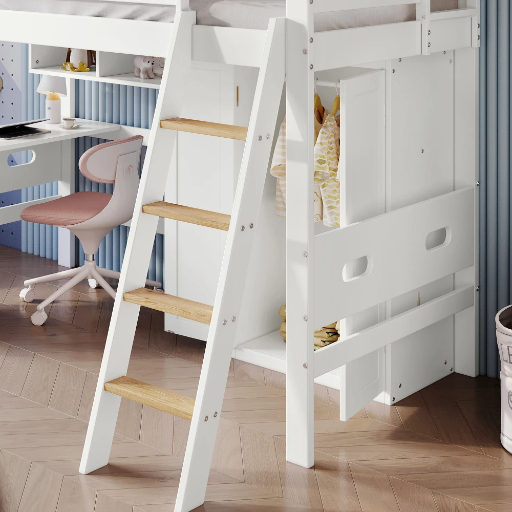 PINGGO Etagenbett für Kinder mit Fallschirmschutzgeländer, Schreibtisch, Kleiderschrank, Stauraum, 4-Stufen-Leiter, Kiefer, MDF, Sperrholz, Weiß, 90x200cm, ohne Matratze – Detail 17