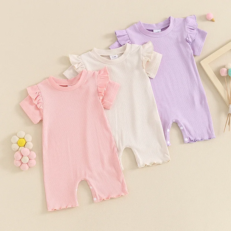 

Infant Newborn Baby Girls Summer Casual Jumpsuit Solid Color Short Sleeve O Neck Ruffle Romper 0-18M