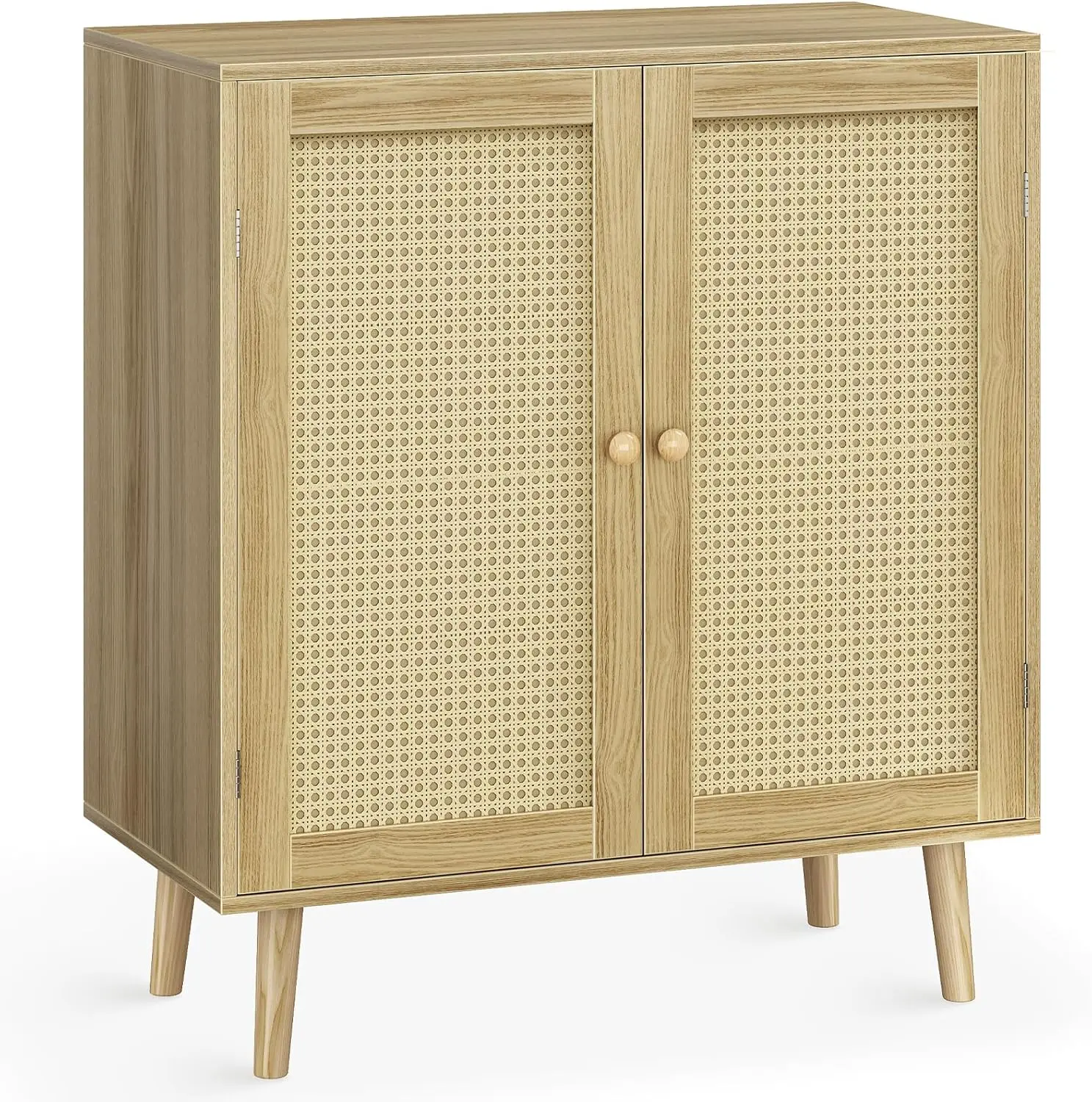 Buffetschrank mit Stauraum, Aufbewahrungsschrank mit Dekortüren aus PE-Rattan, Akzent mit Massivholzfüßen, Sideboard