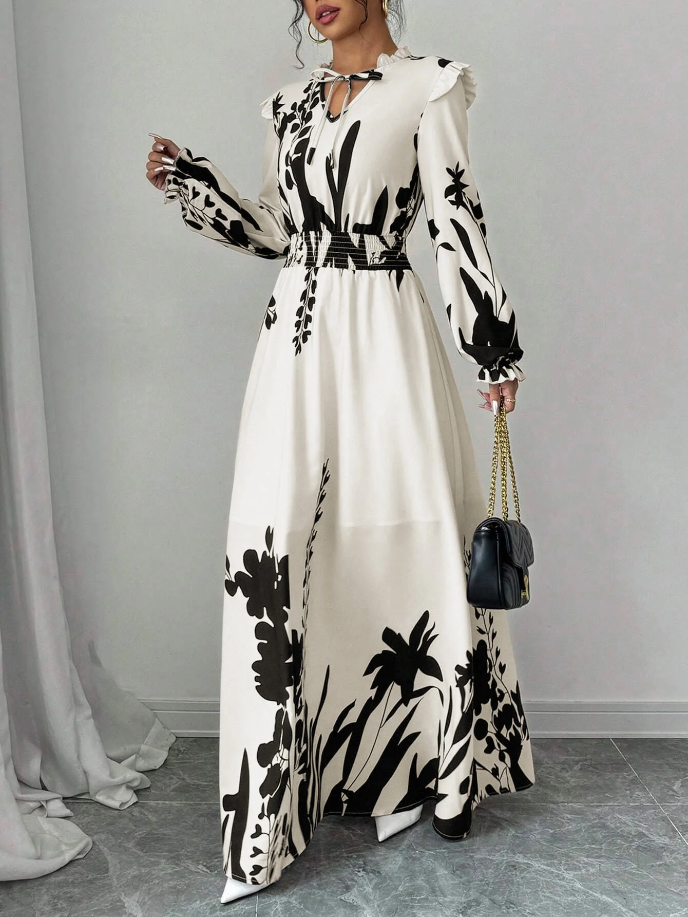 فستان نسائي مطبوع بأكمام طويلة ورقبة ربطة عنق، زي نسائي طويل أنيق مناسب لملابس الخريف والشتاء. #6