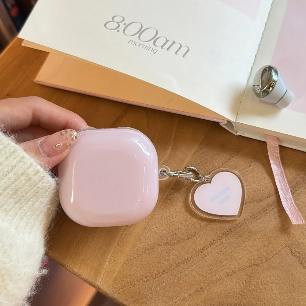 Pink Plaid Grid with Heart Keychain Earphone Case For Samsung Galaxy Buds 2 Live Cases for Buds 3 Pro FE Core Soft Headset Cover