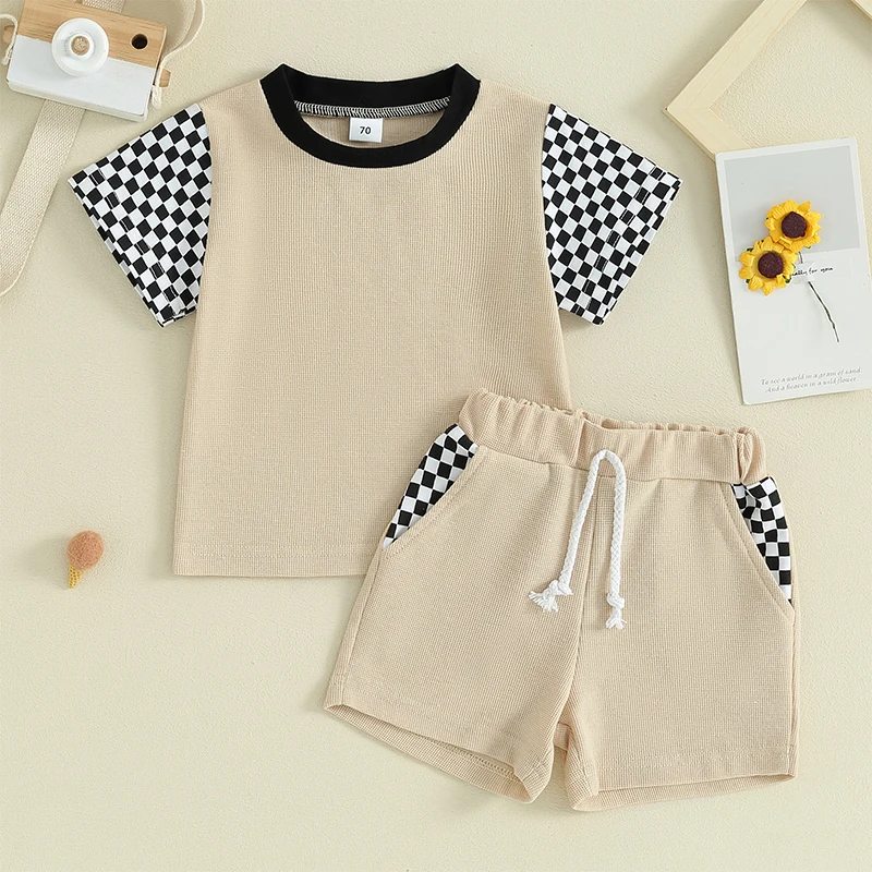 Lioraitiin Toddler Baby Boy Clothes Checkerboard Print Short Sleeve T-Shirt Tops and Shorts 2Pcs Summer Outfits Set