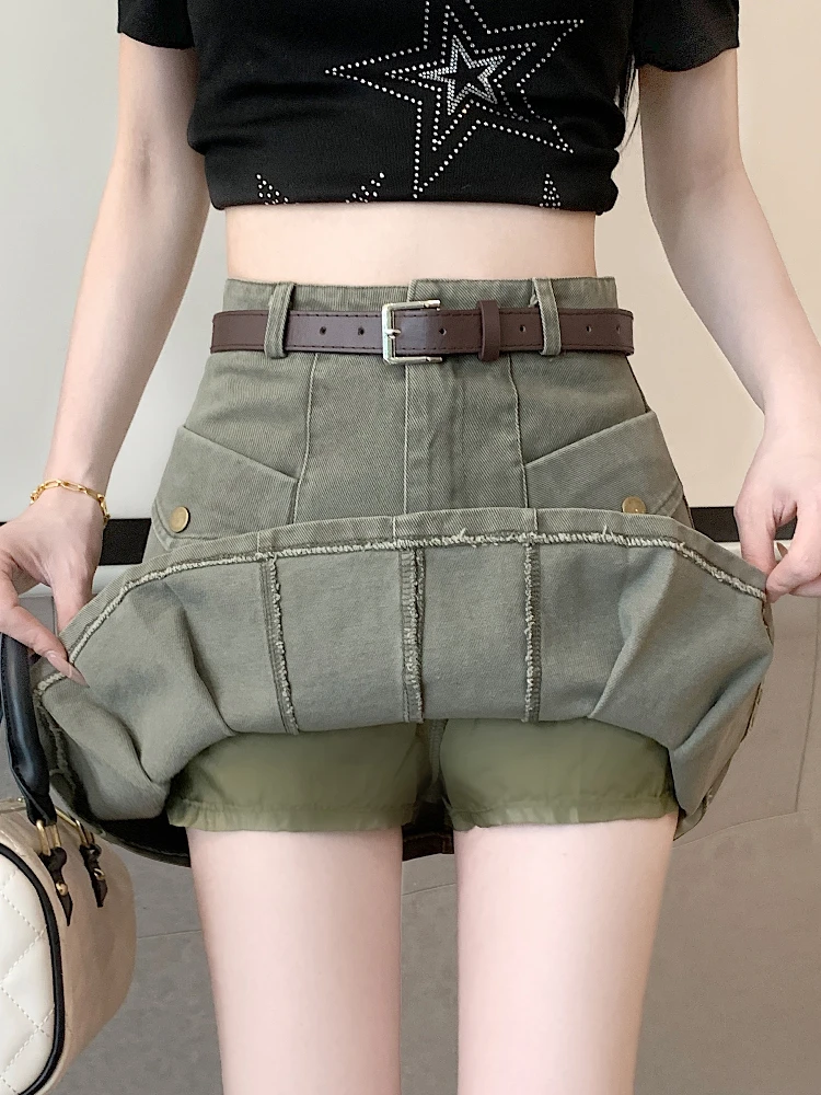 

American Retro Pleated Denim Skirt Women's Summer Design High Waist Slim A-Line Workwear Half Skirt Korean Style Commute
