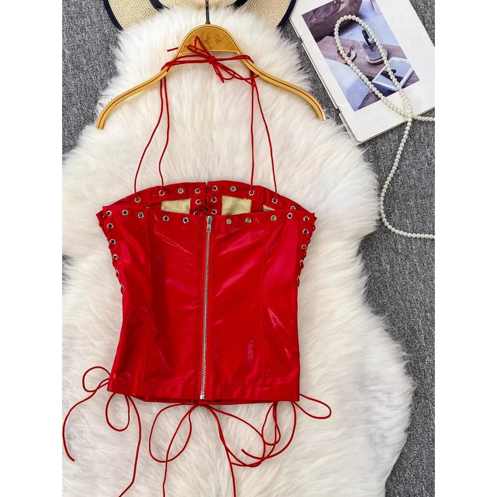 Canottiera da donna chic con scollo all'americana Draw String Slim Basic Sexy Fashion Canotte senza maniche Top corto estivo da donna