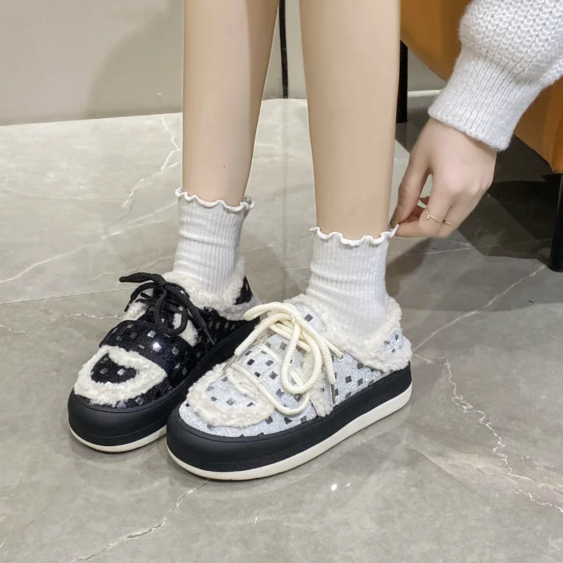 Keep Warm Fashionable Color Matching Woolen Casual Shoes Winter Muffin Thick Soled Medium Heel Plus Thick Velvet Lining Sneakers