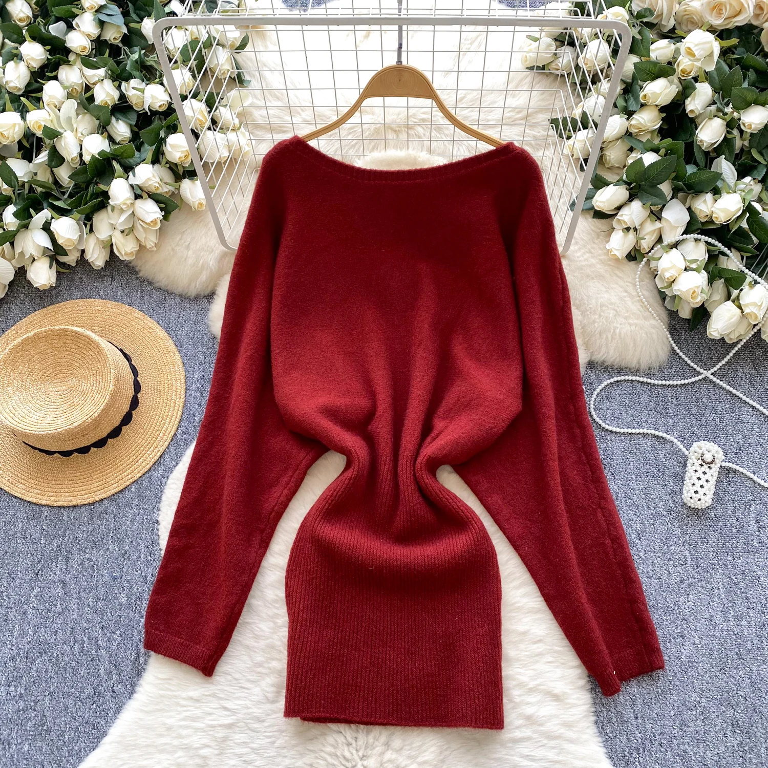 Chic vintage slash neck glitter long sleeve slim Knit Elegant Fairy korean fashion Boho Sundress women clothing