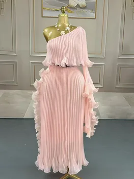 Miyake Fashion Design Dress Slanted Shoulder Solid Color Loose Women's Clothing Medium Length Elegant Dresses 2025 Summer New 4