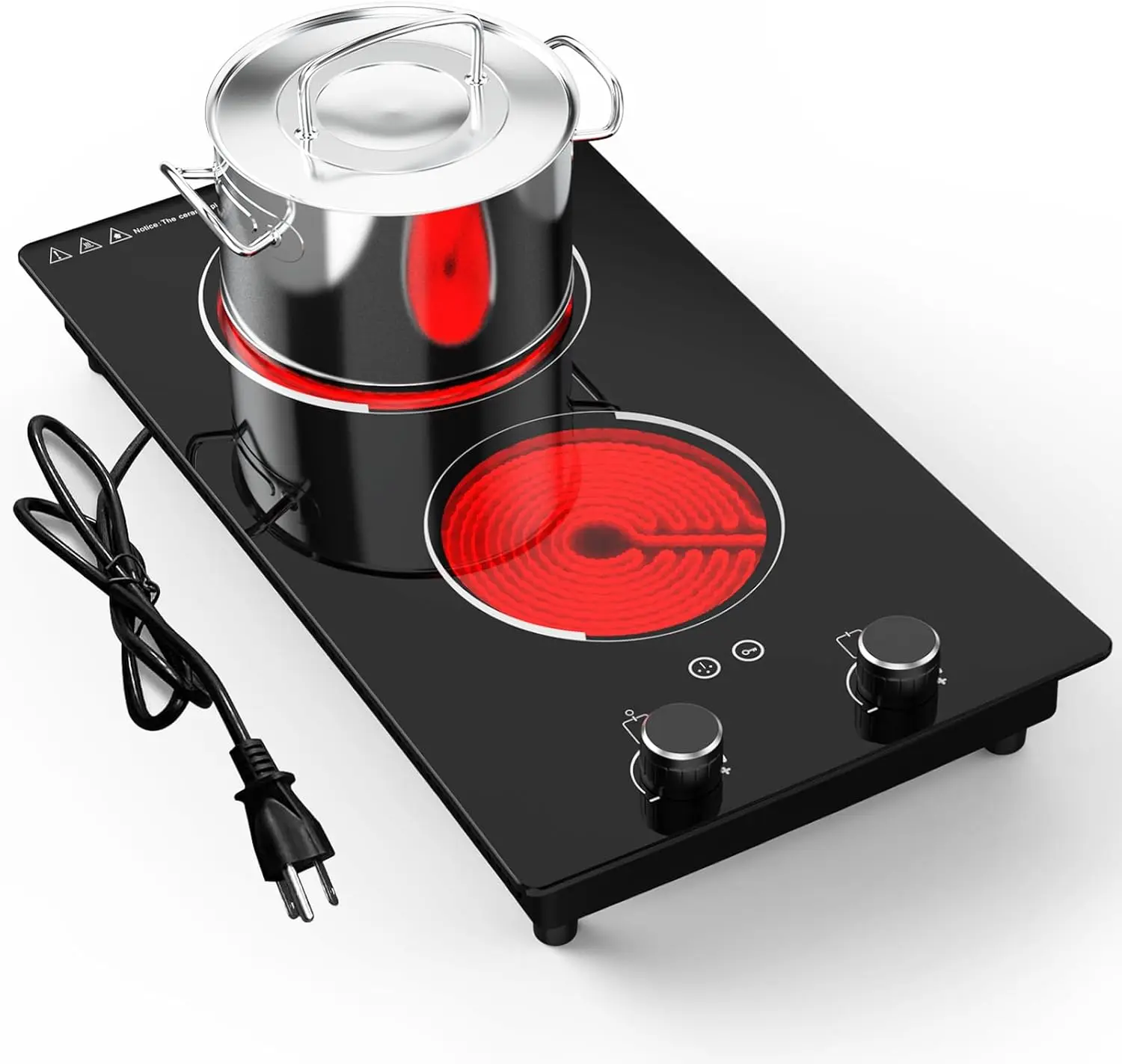 110v Electric Cooktop 2 Burners, 12'' Electric Stove Top with Plug in, Knob Control Countertop & Built-in Ceramic Cooktop,