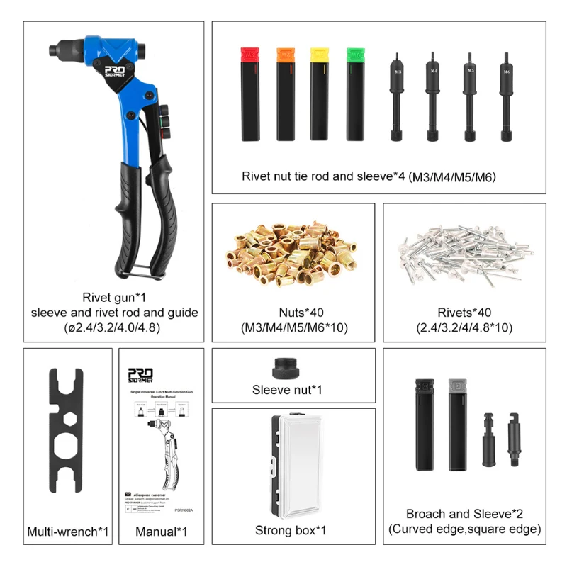 3 In 1 Hand Klinknagel Moer Guns Klinkhamer Van Mouw Noten Schroefdraad Klinknagel Tool Voor Auto M3/4/5/6/8/10 Multi Ruimen Door Prostormer