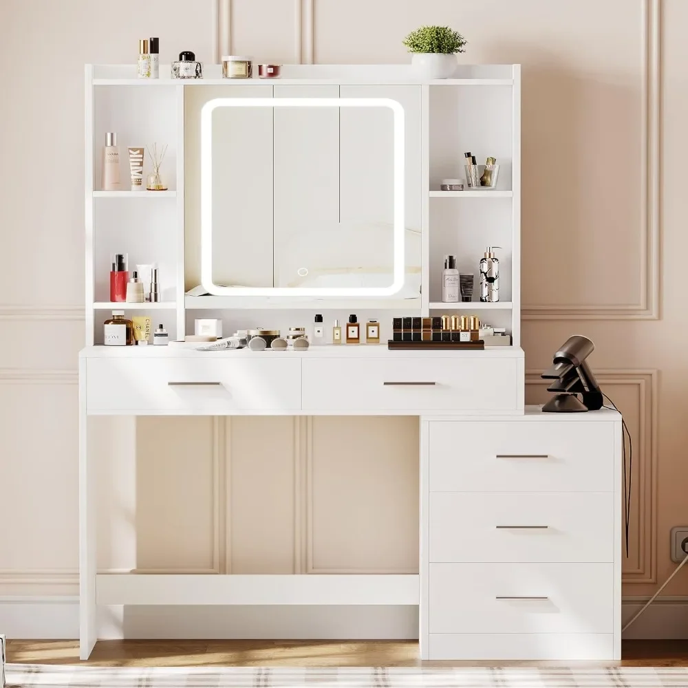 

Vanity Table with Jewelry Organizer, Vanity with Mirror and 3-Color Lights, Vanity Desk with Charging Station, Dressing Table