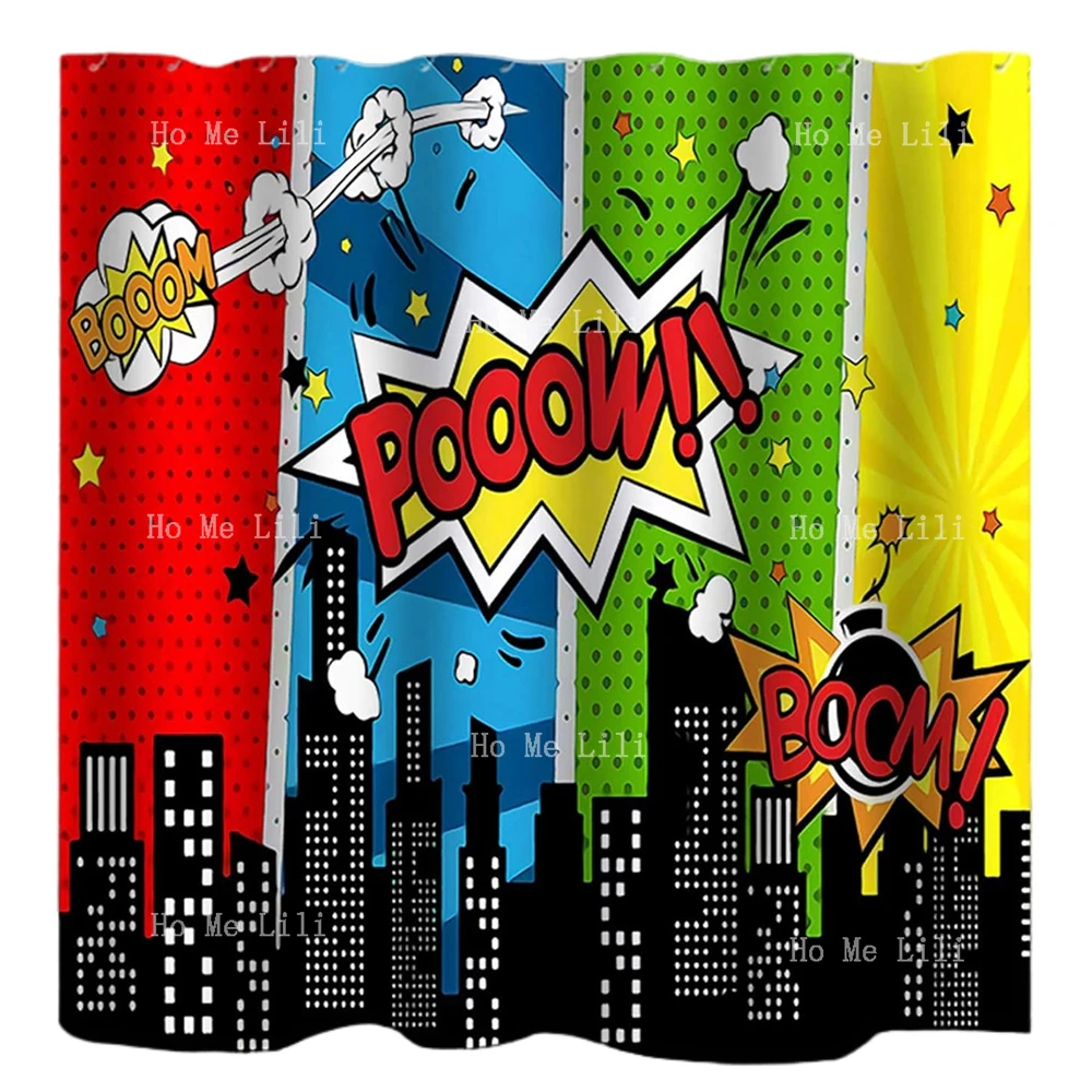 Building Cityscape City Cartoon Boom Skyline Scene Explosion Shower Curtain Decor Fabric Polyester