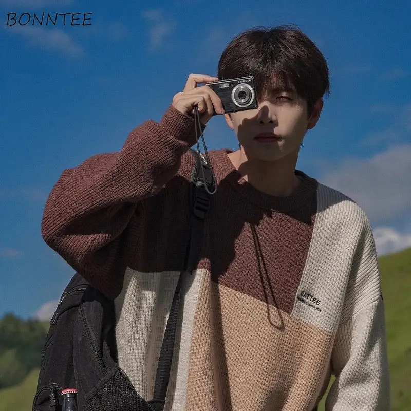 

Мужские пуловеры, винтажные Лоскутные Повседневные мешковатые вязаные зимние свитера, универсальные студенческие корейские модные повседневные уличные свитера для колледжа