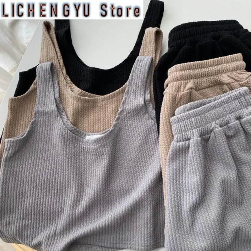 New Sleeveless Classic Women Set Casual Loose Vest Shorts Two Piece Sets Wide Leg Shorts Lazy Home Sports Matching Sets Female