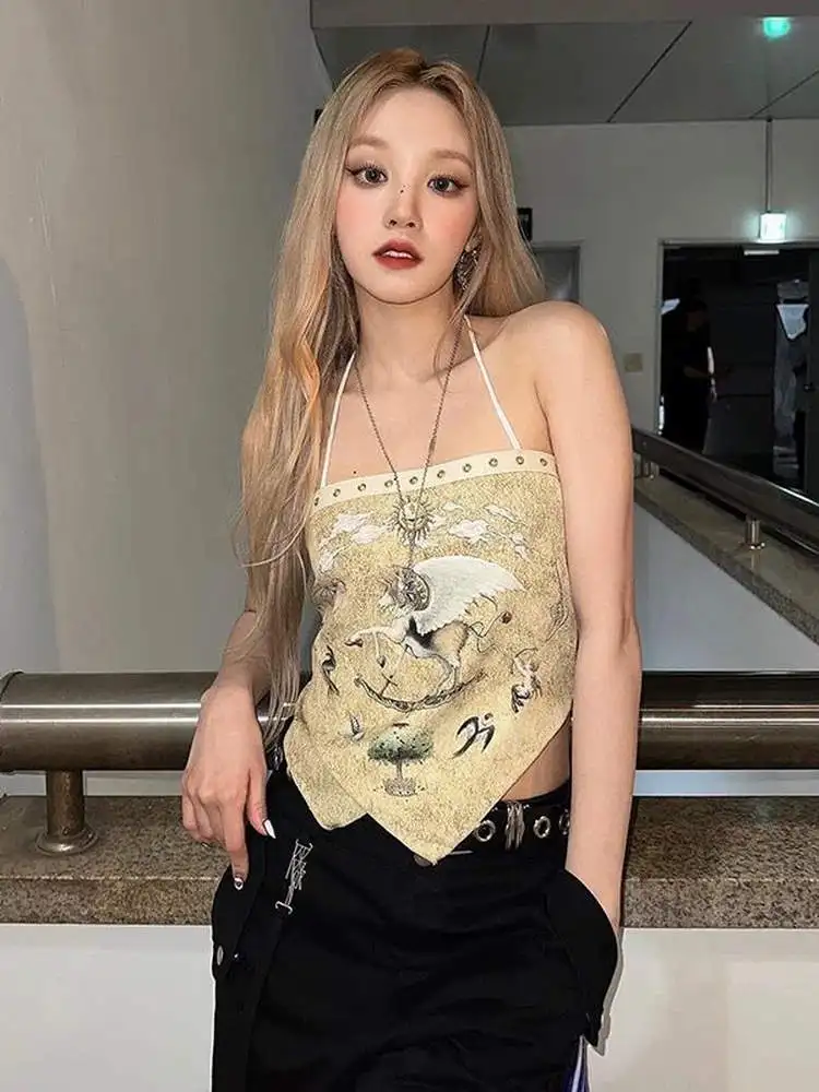 

EXJR Street Style Printed Crop Top Women's Music Festival Tube Top Vest Spicy Girl Small Flying Summer UV Protection