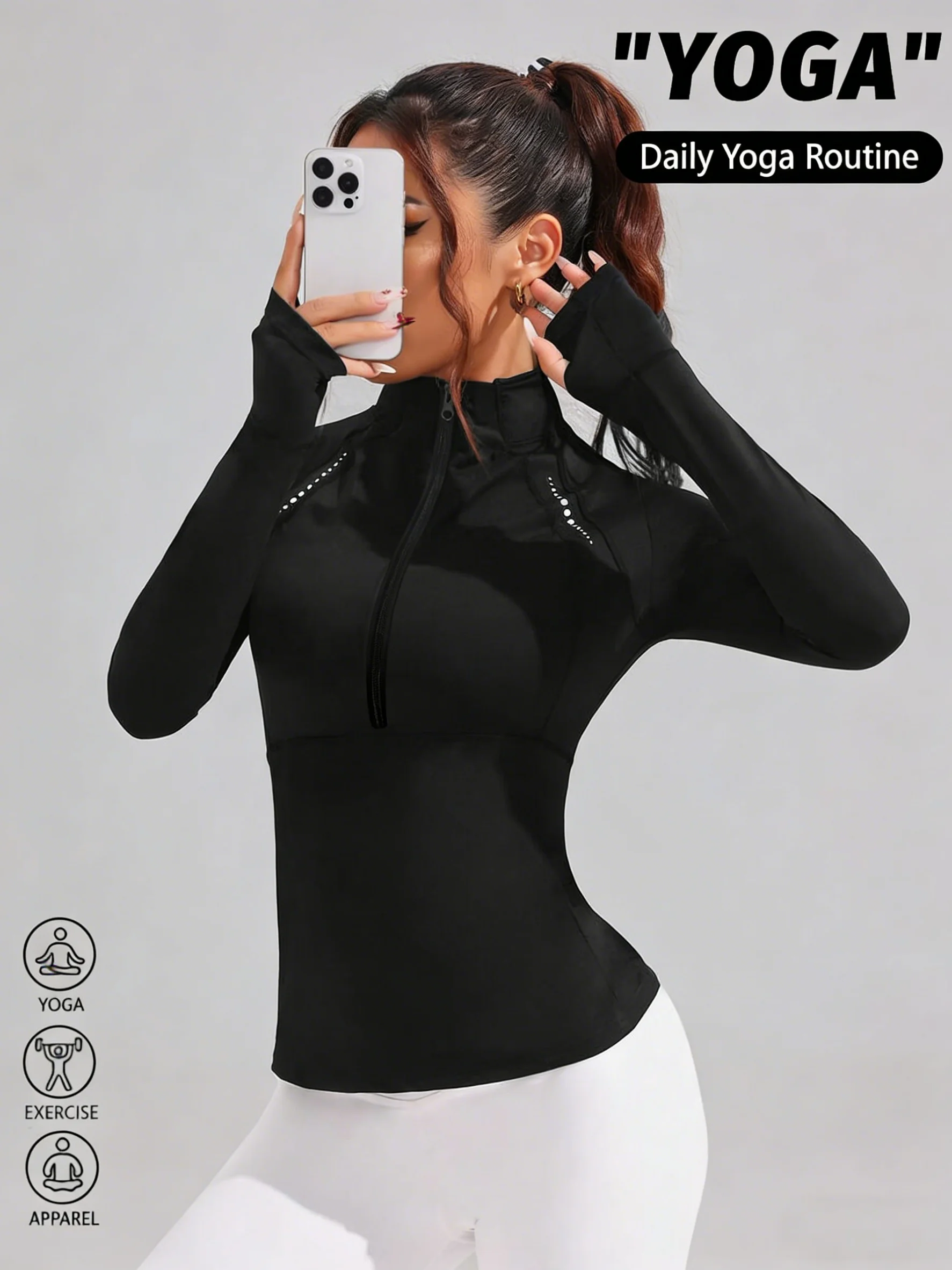Solid Color Breathable Long Sleeve Yoga Top for Women Thumb Hole Stand Collar Reflective Print Slim Fit Fitness Sportswear