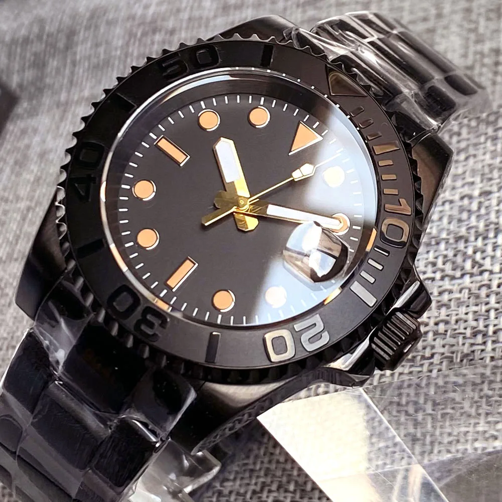 Tandorio 40mm Men's Mechanical Black PVD Watch Date Matte Bezel Sapphire Japan NH35 Automatic Wristwatch Sterile Luminous Marks