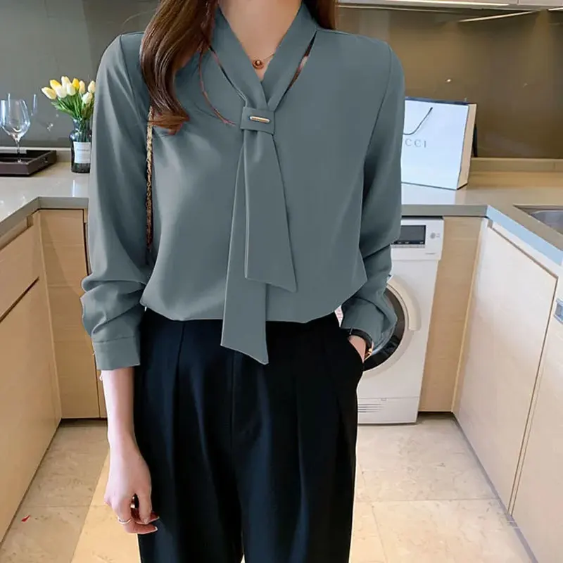 Office Lady Solid Color All-match Elegant V-Neck Shirt Spring Autumn Long Sleeve Stylish Bow Female Korean Loose Chiffon Blouse