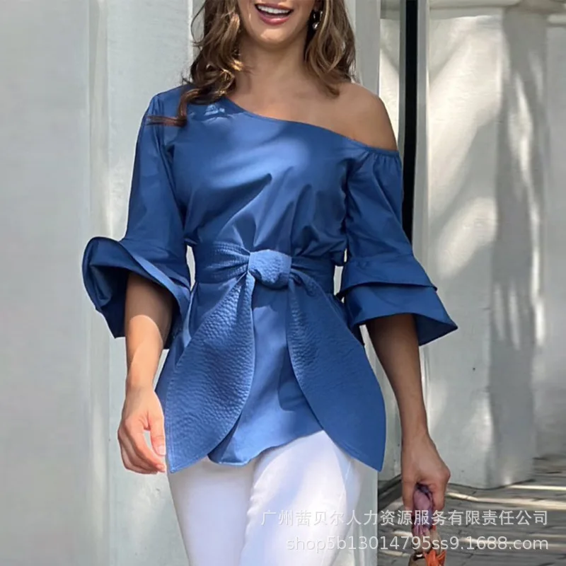 Women Blue Off Shoulder Waist Belt Fashion Tops Full Flare Sleeve Blouse Summer Fashion Casual Tops