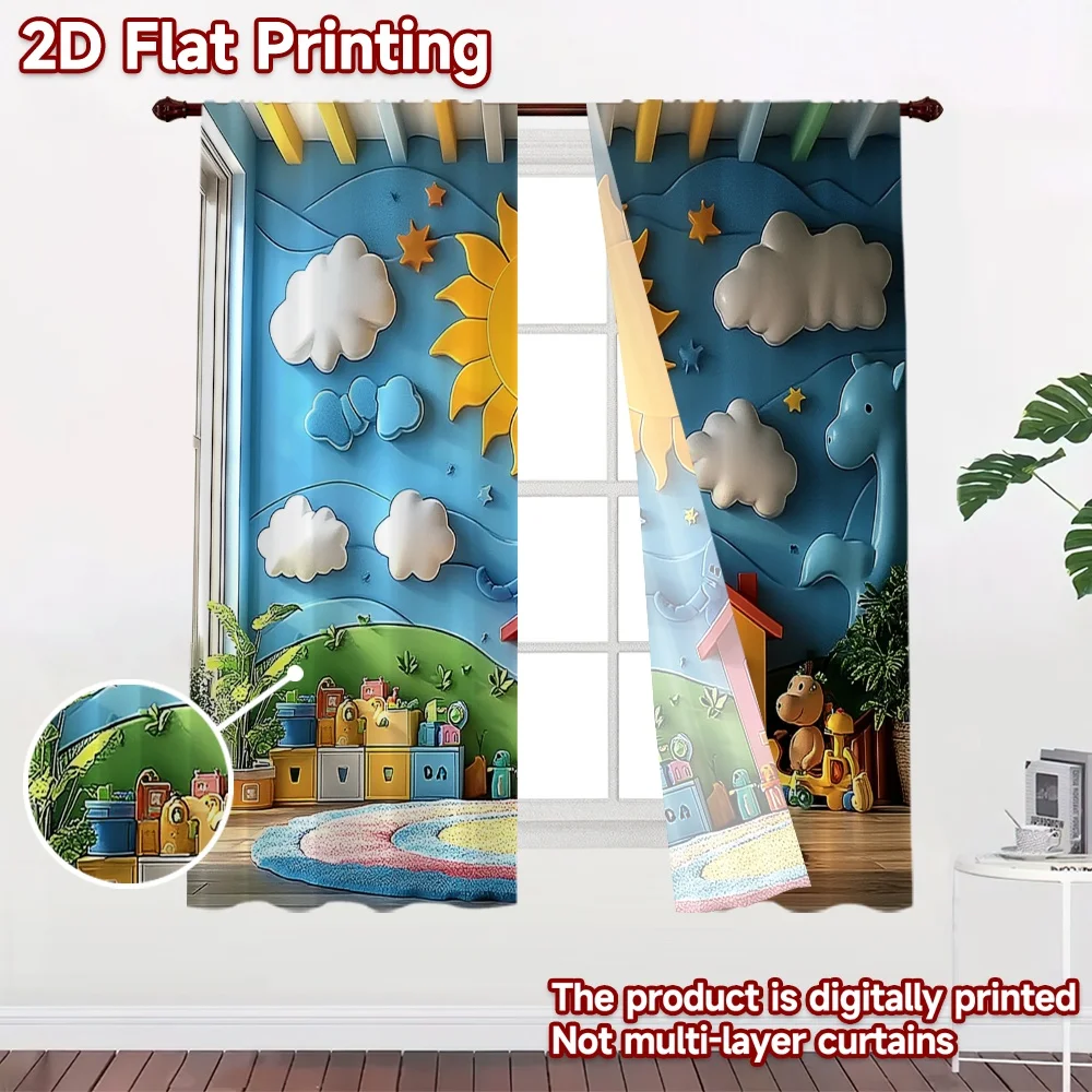 2D flat 2pcs Curtain French Romantic Style Sunny Clouds Playhouse Durable polyester fiber Birthday Party Use for Home Decor for