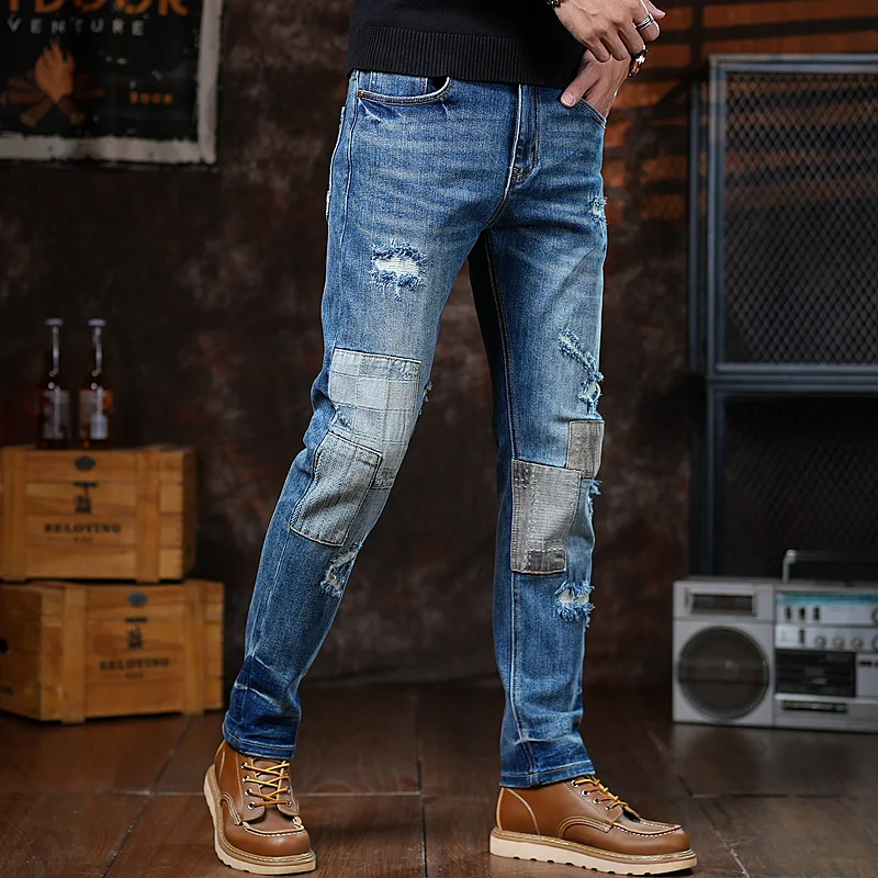 

High end trendy retro jeans men's autumn and winter American style patchwork slim fit small leg pants
