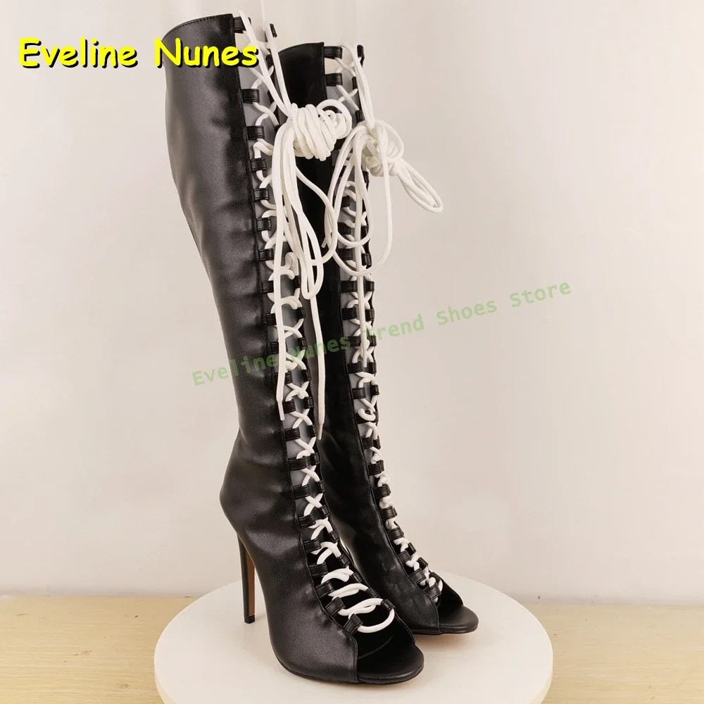 الأبيض والأسود قطع الدانتيل يصل المرأة موضة حذاء برقبة للركبة اللمحة تو الصليب تعادل مثير المصارع 2025 الخريف الشارع نمط الأحذية