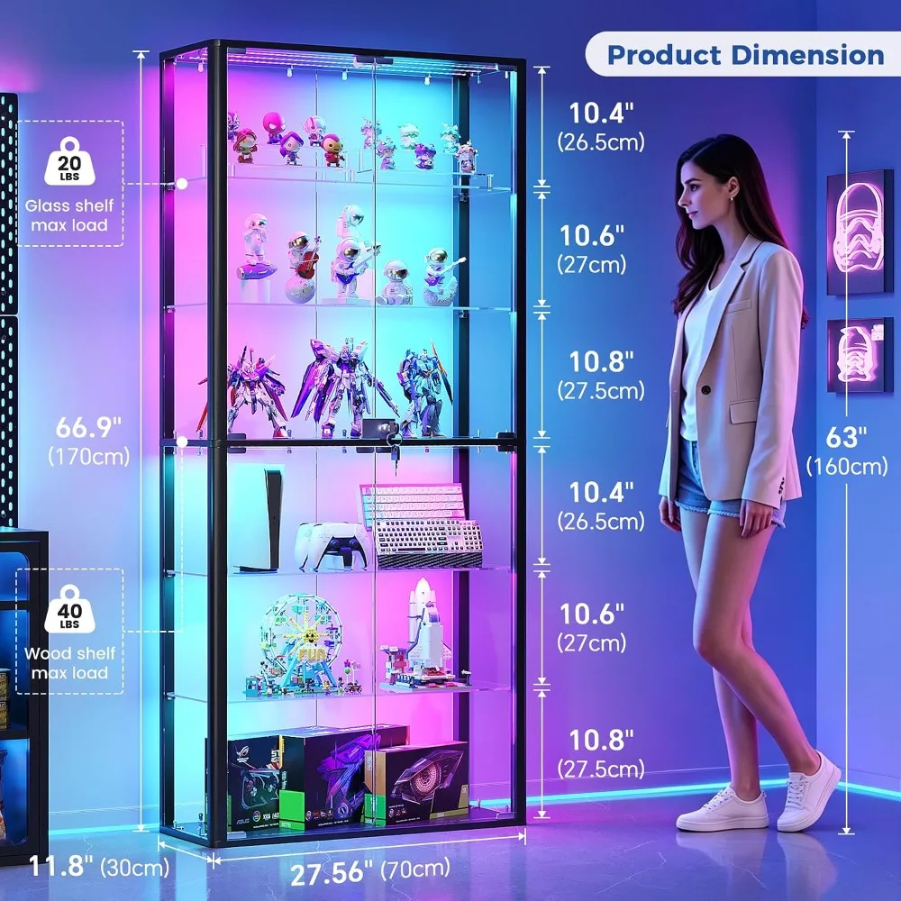 6-Tier Glass Display Cabinet with RGB Light & Lock Black for Collectibles