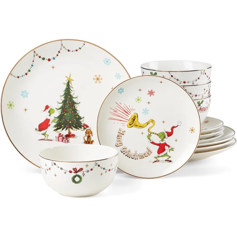 Merry Grinchmas Dinnerware Set,made of Durable,versatile White Porcelain Intended for Everyday Use.Add Festive Atmosphere