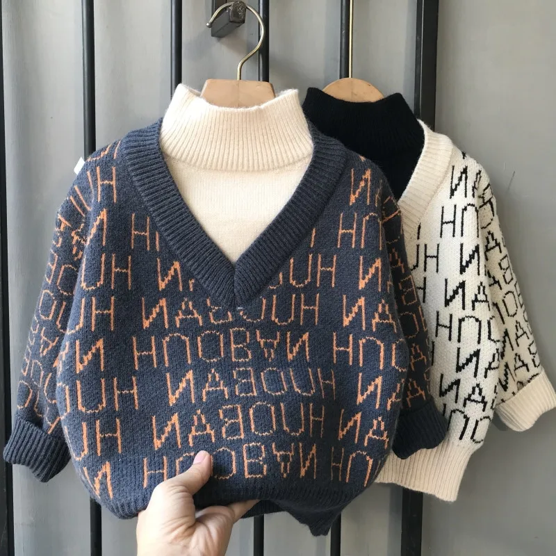 

Boys' fake two-and-a-half high neck sweater autumn and winter new children's thick knit sweater