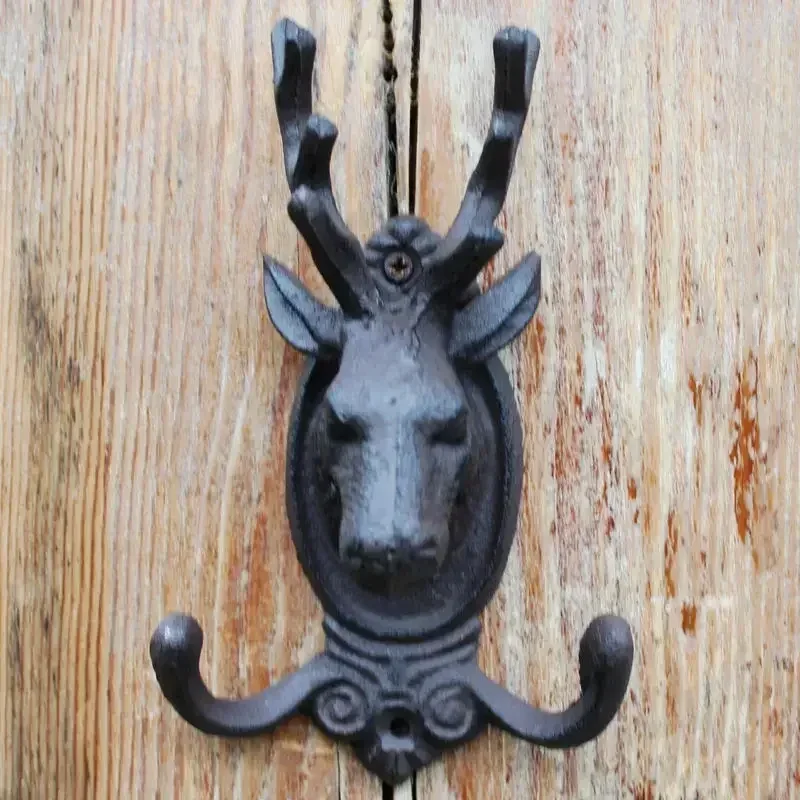 Retro Cast Iron Deer Head Clothing Hat Hanging Hook European Style Home Ironwork Cow Head Double Hooks Wall Decoration Pendantde