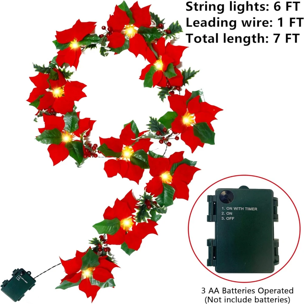 Youzi 6 ft samt künstliche blume weihnachts lichterketten batterie betrieben wasserdicht schnur los für innen-und außen dekorationen