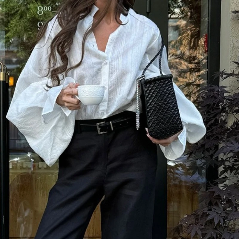 Fashion Loose White Shirts Women Stand Collar Lantern Sleeve Vintage Blouse Basic Casual Commute Elegant Shirt Top 2026 New