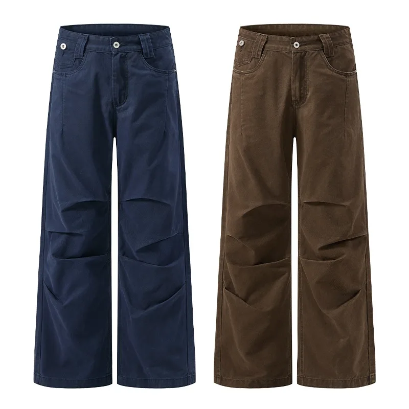 2026 Autumn Unisex Two‑Color Cargo Flare Pants Washed‑Out Pleated Design Minimal Premium Loose Casual Trousers