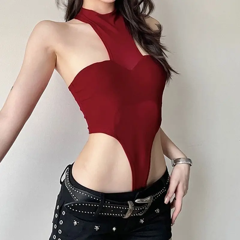 

Women's Y2K Gothic Cutout Bodysuit - High Neck Slim Fit Jumpsuit with Snap Buttons, Edgy Vintage Streetwear for Spring Summer