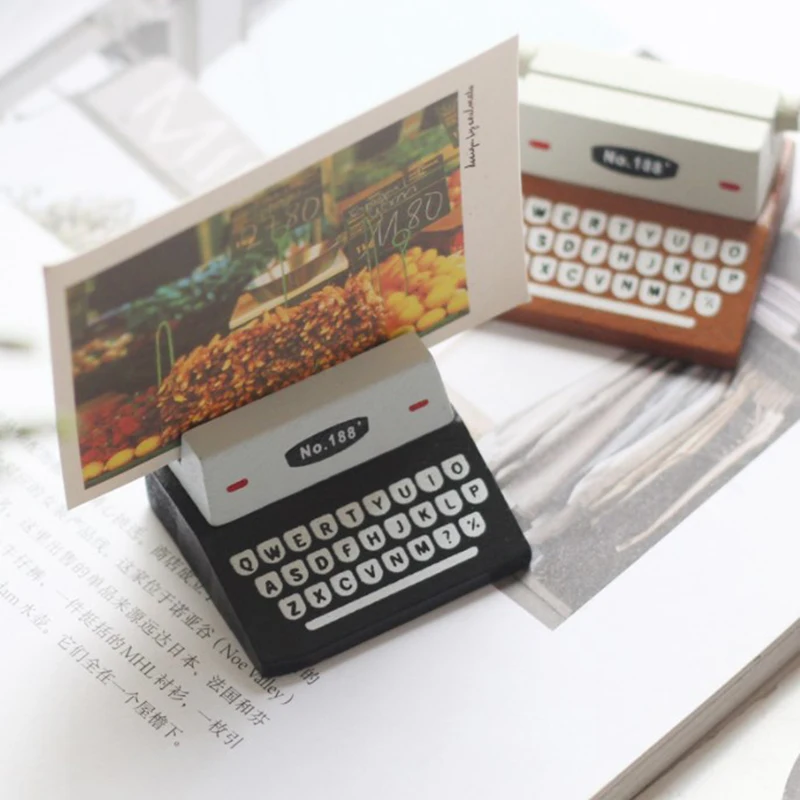 Vintage uchwyt na karty w kształcie maszyny do pisania drewniany klipsy na notatki stojak na fotokartę Kawaii Messege organizator na biurko