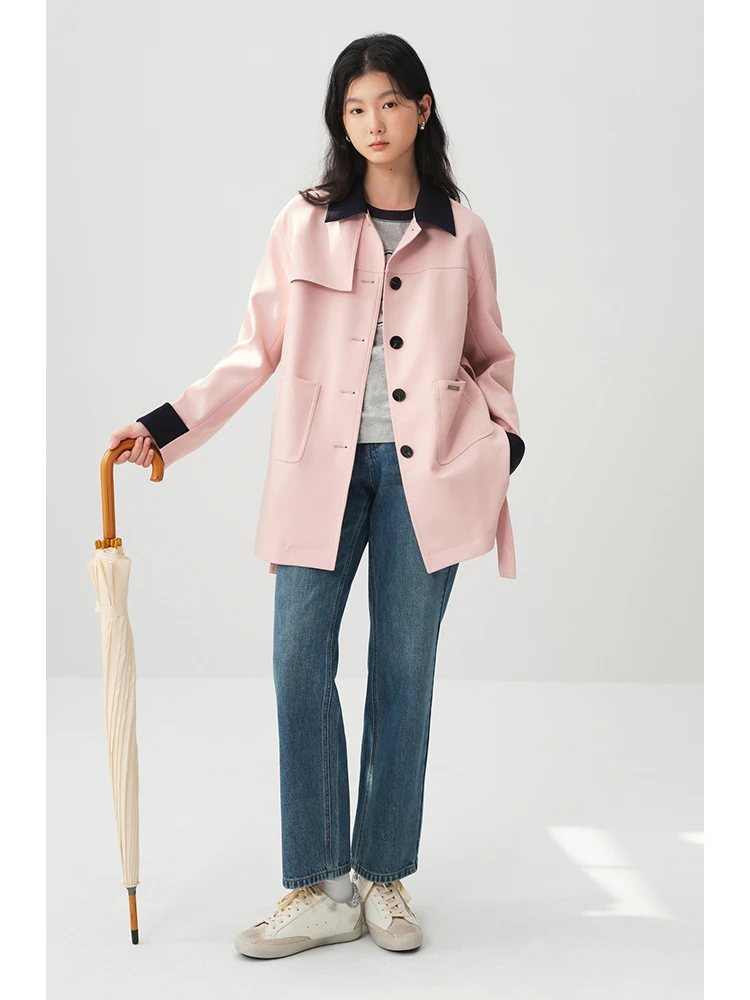 ZIQIAO Petite Pink British Style Mid Length Trench Coat For Women's 2024 Spring New Korean Contrasting Casual Coat 24ZQ91079