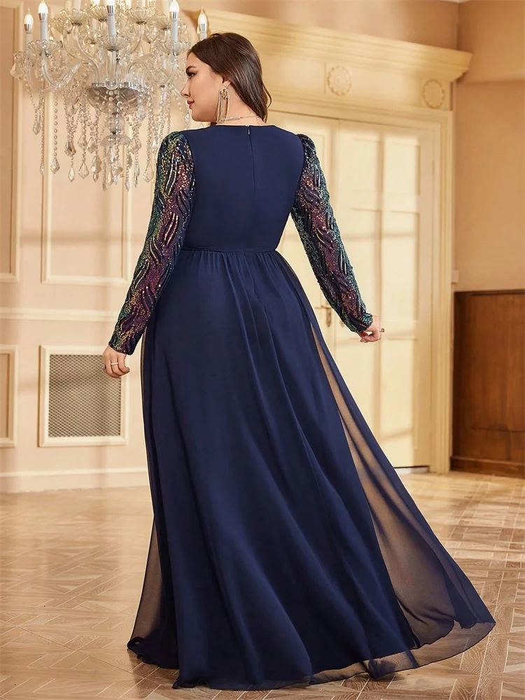Plus Size Luxury Chiffon Long Sleeve Evening Dresses Women Sequin Red Wedding Party Cocktail Prom Floor Lenght Gowns