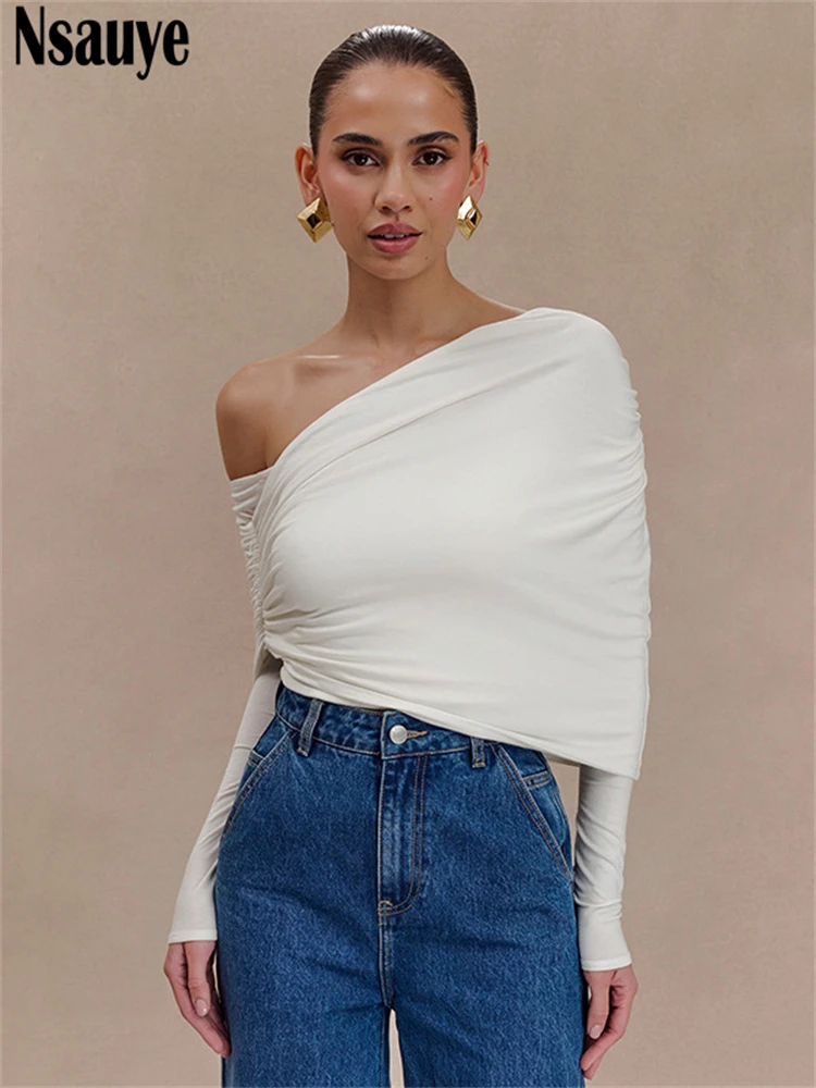 Nsauye Casual Women Y2K Sexy Ruched Off Shoulder Elegant Fashion White Clothes T Shirt Club Mini Skinny Long Sleeve Crop Tops