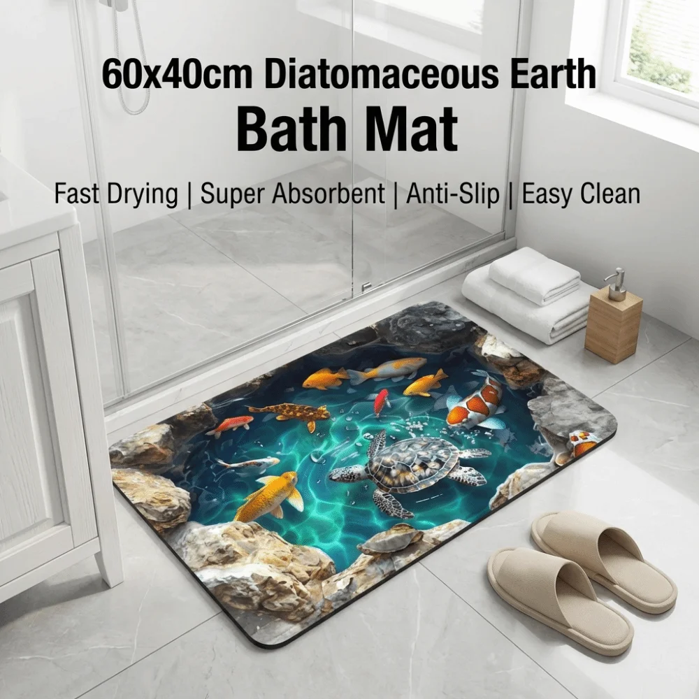 

Turtle Koi Printed 3D Visual Effect Mat Anti Slip Super Absorbent Bathroom Mat Beach Style 2D Flat Door Rug Floor Mat Balcony