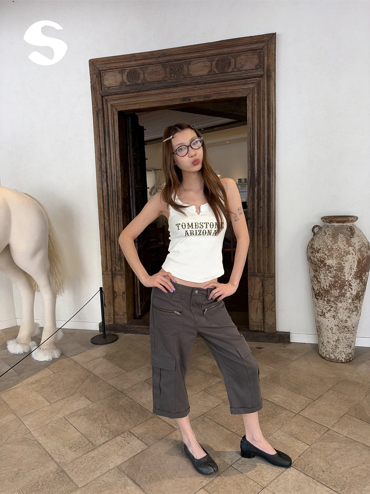 Low Waist Washed Casual Straight Leg Workwear Seven Inch Pants for Women Summer Korean Style Commute Multi Pocket Leisure Pants