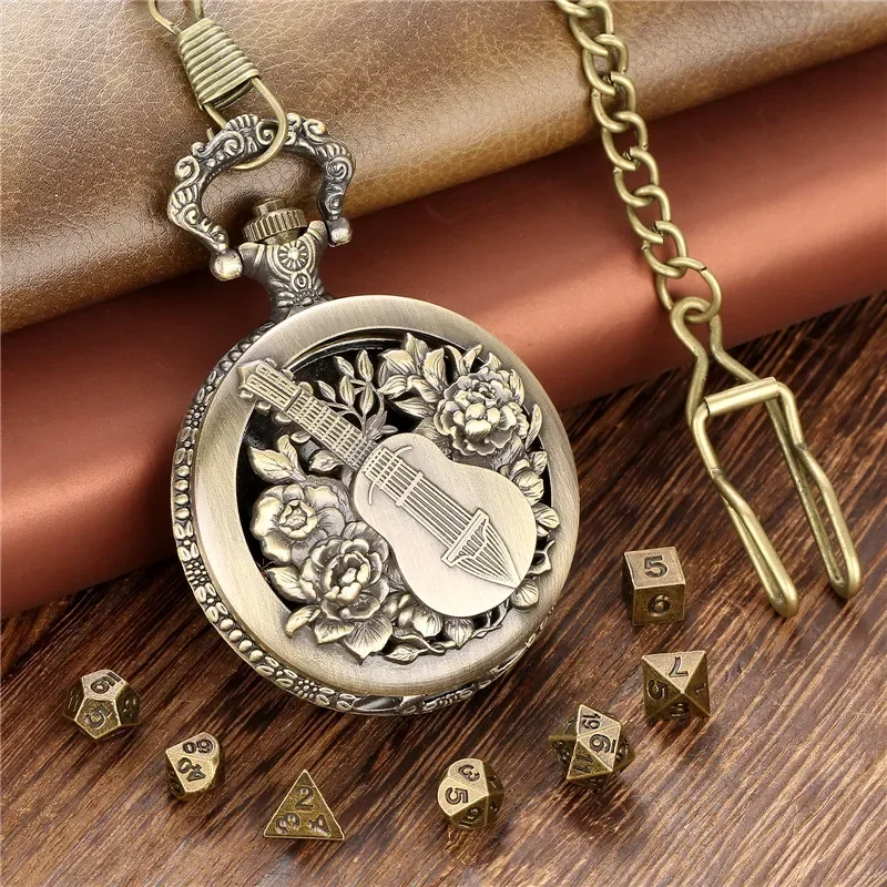 Retro 7 X Metal Polyhedral Dice Role Play Gaming Dices with Guitar Flower Design Pocket Watch Case FOB Chain Gift view 4