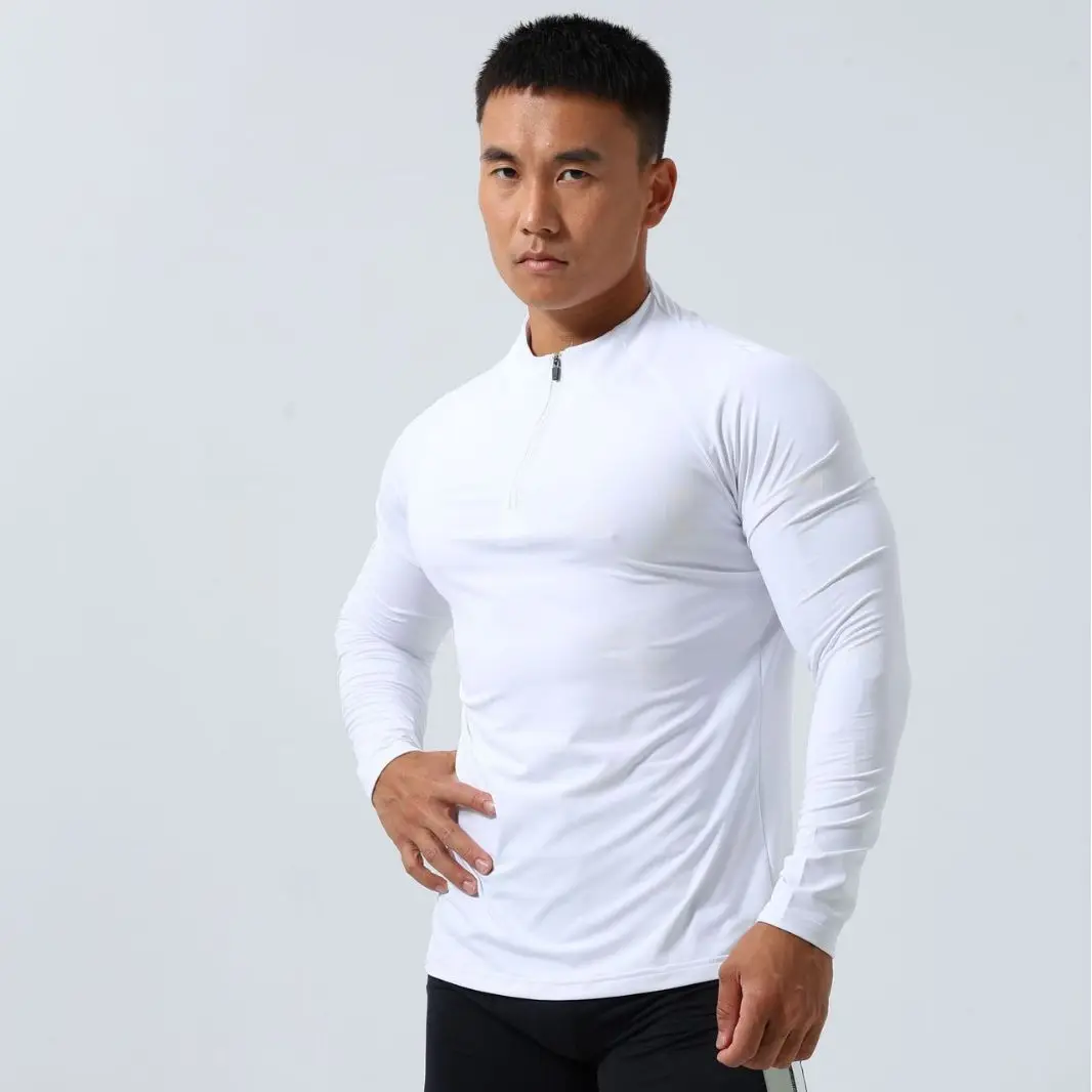 Men\'s Autumn Zipper Elastic Tight Long Sleeve Outdoor Breathable Sports Fitness Leisure Running Training Youth Warm Solid Color