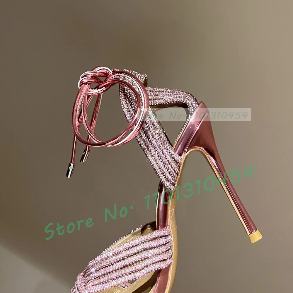 Crystal Metallic Open Toe Sandals Women Luxury Mirrored Real Leather Thin Strap High Heels Ladies Summer Party Sparkly Shoes