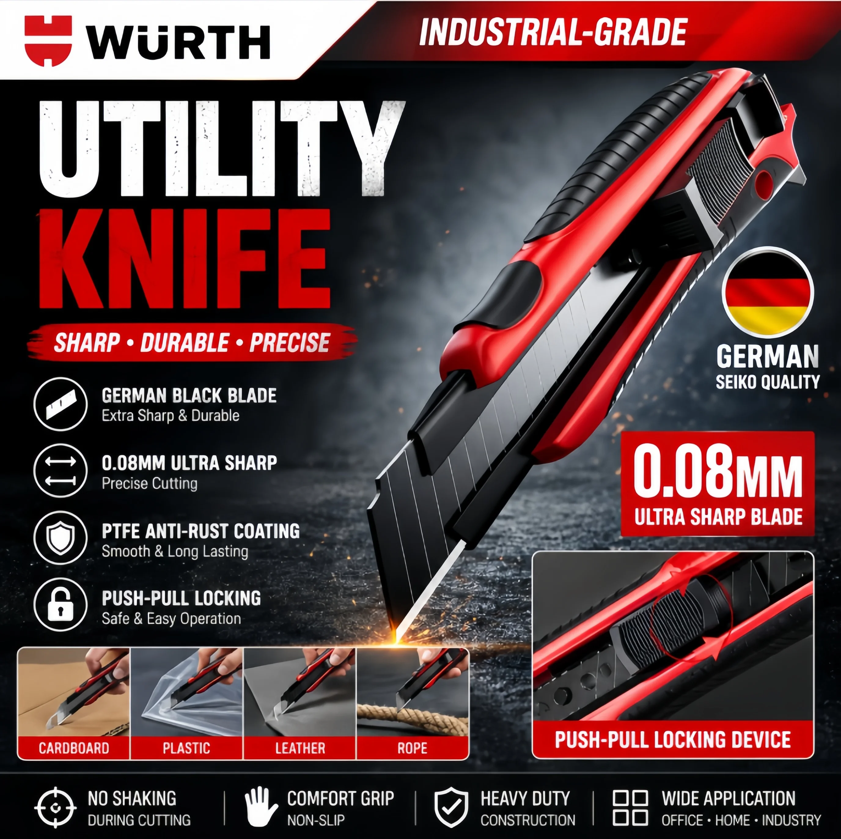 Faca Utilitária Original Wurth, Cortador de Caixa de Alta Resistência, Faca Retrátil, Ferramenta Manual Industrial