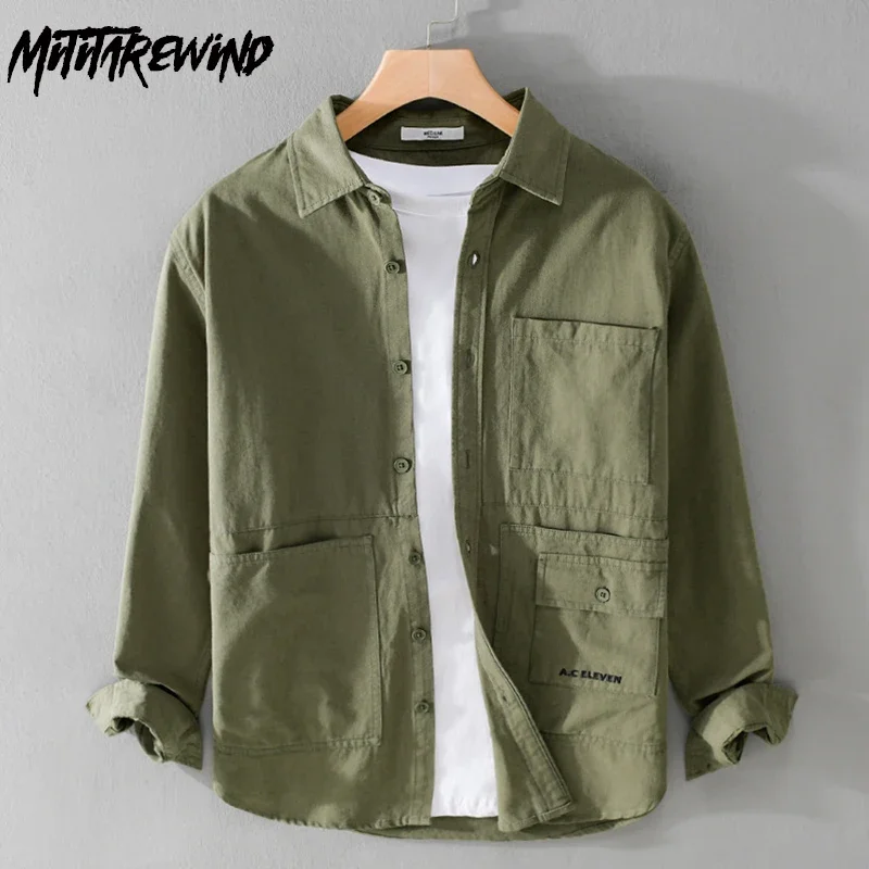 

Весенне-осенние рубашки с длинными рукавами, мужская рубашка-карго с лацканами и несколькими карманами, тонкие повседневные мужские рубашки из 100% хлопка, японские модные топы