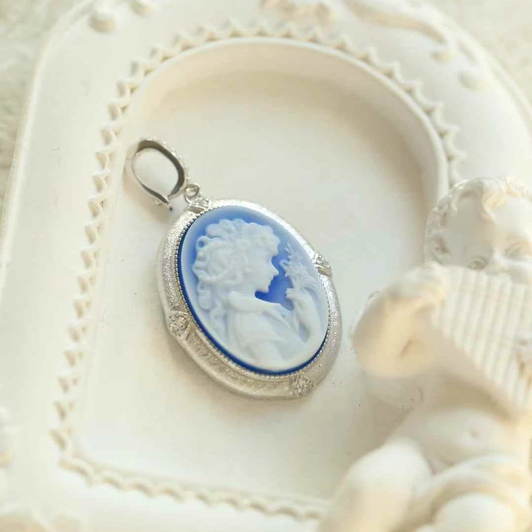 Agate Cameo Series Jewelry Set with Relief Daffodil Goddess Design Pure Silver Inlaid Pendant Ring and Earrings Set for Women view 2